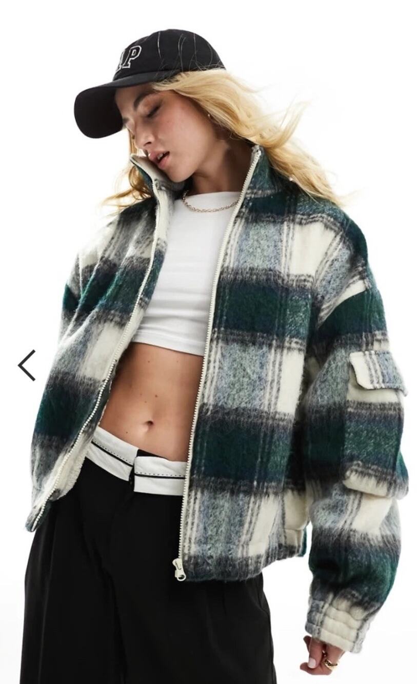 NWT Cotton:On Women's Plaid Jacket Oversized Bomber Green Check Size XS/S